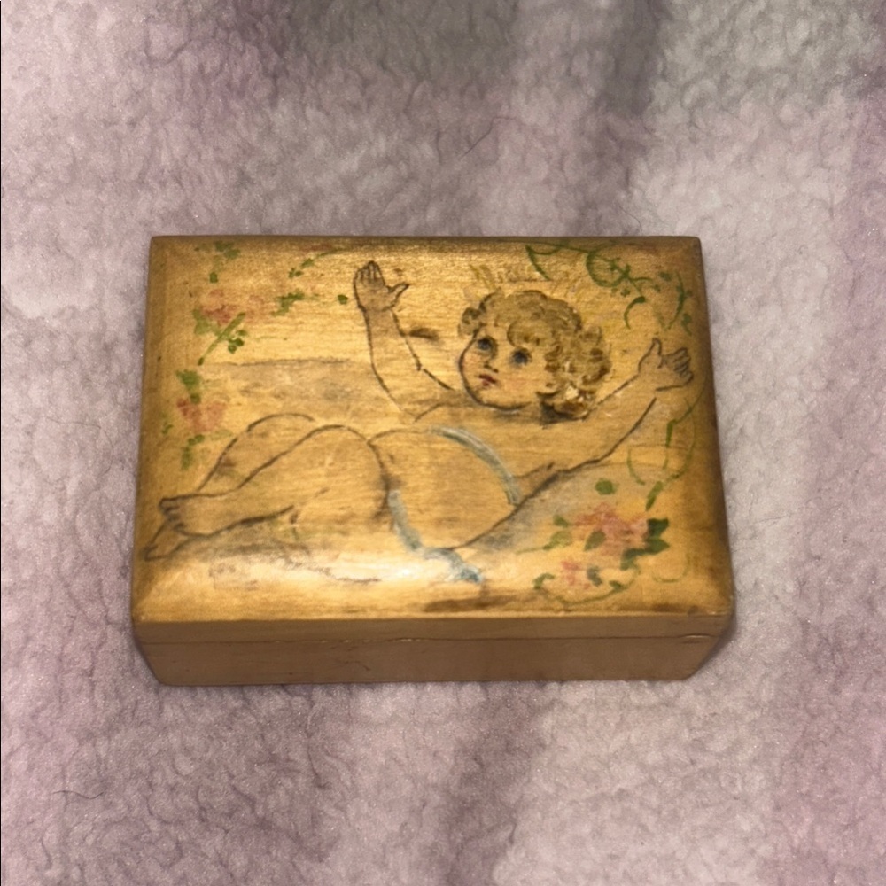 Hand painted Vintage Wooden mini trinket Box with Cherub Design